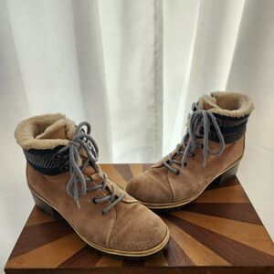 AK Sport Ankle Boots Womens US 8 Beige Suede Leather Faux Fur Warm Casual Lace